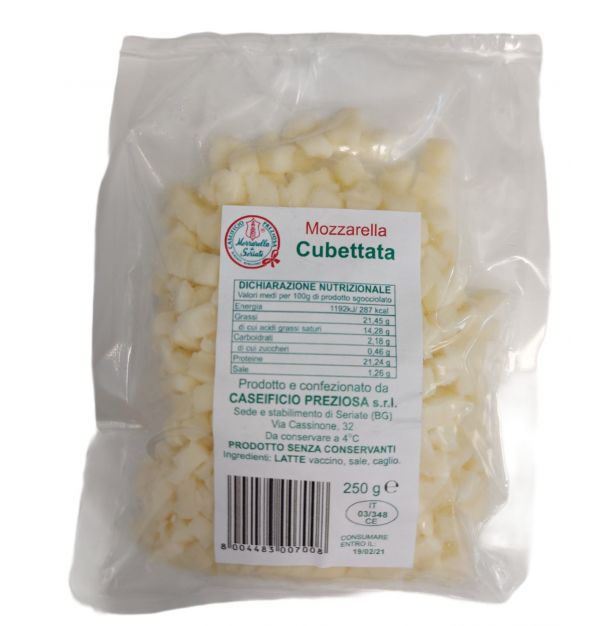 Моцарела за пица на кубчета 250 гр. CASEIFICIO PREZIOSA Моцарела за пица на кубчета 250 гр. CASEIFICIO PREZIOSA